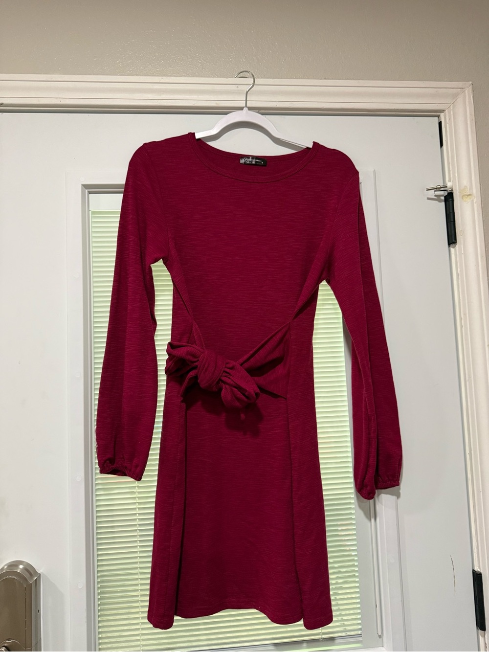 Long Lantern Sleeve Tie-Waist Knit Dress in Deep Raspberry